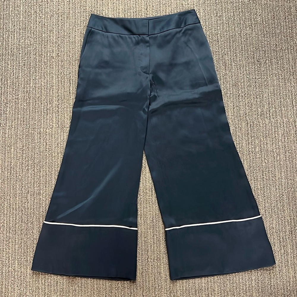 MONSE navy poly blend silky wide leg cropped pajama style pant.